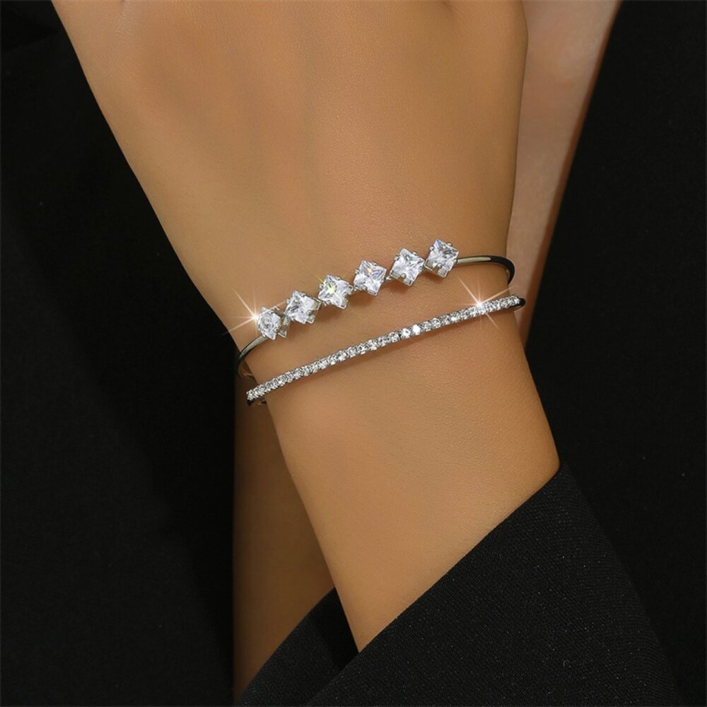 3/$35 Silver Tone Copper Cubic Zirconia Cuff Bangle Bracelet Two Rows Diamond